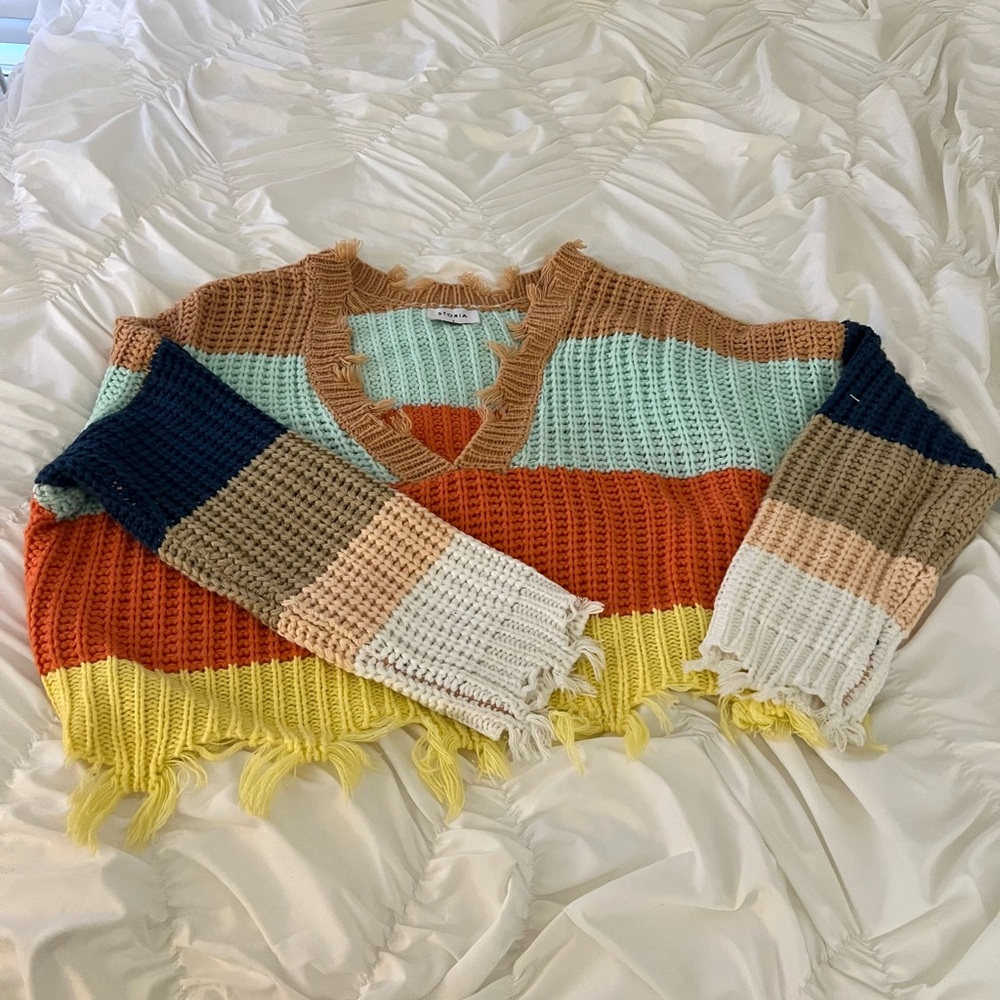 Storia rainbow distressed v-neck sweater